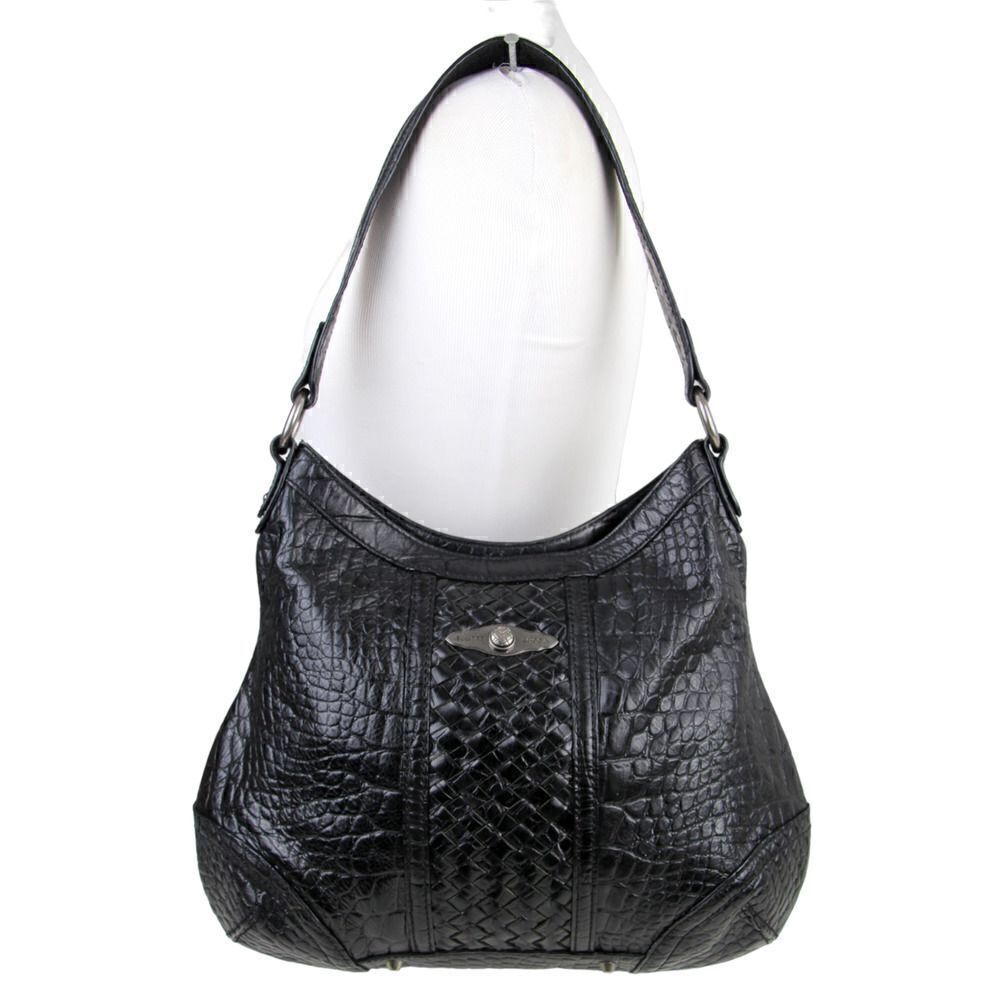 Elliott Lucca WOVEN BLACK GENUINE LEATHER CROCO PRINT SHOULDER BAG HANDBAG HOBO